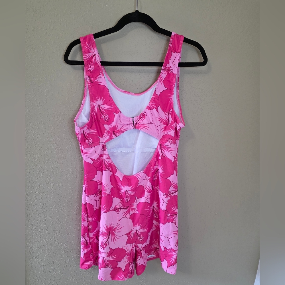 Pink Floral Print Boy Cut Bathing Suit. - Picture 3 of 5